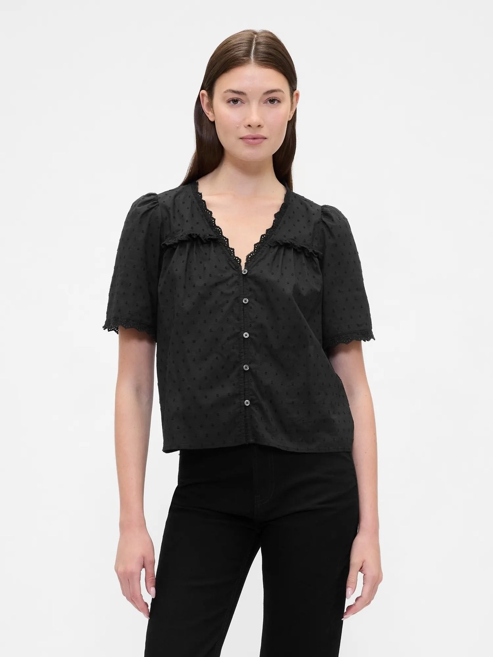 Gap 100% Cotton Black Embroidered Ruffle Lace Trim Sheer Boho Blouse